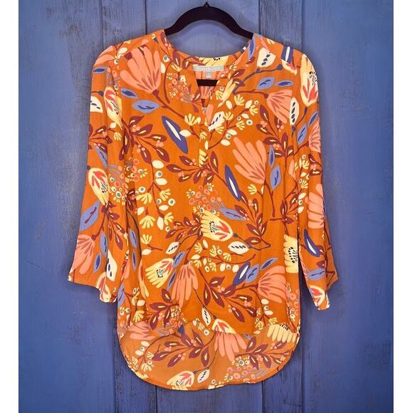 Daniel Rainn (M) Floral Notch Neck Blouse Long Sleeve Roll Tab High Low Hem Top - Picture 8 of 10